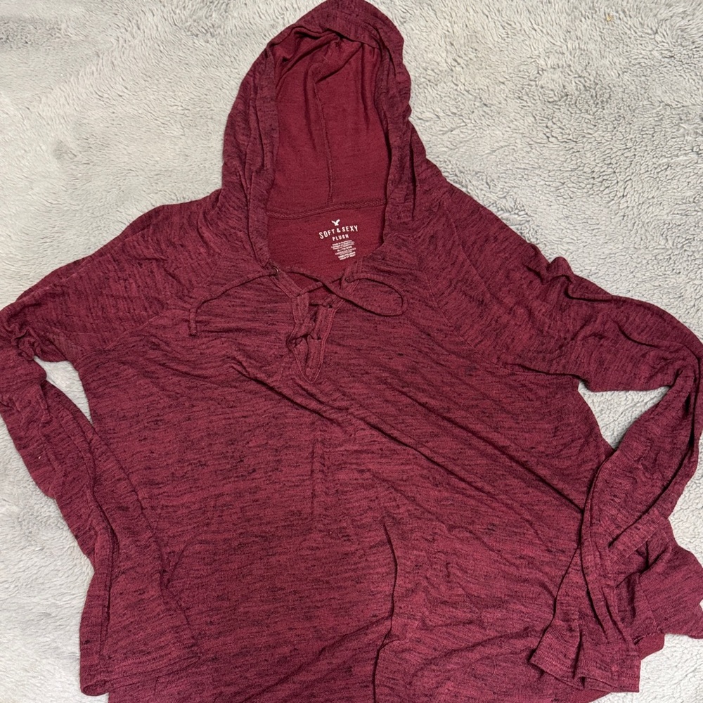 American Eagle Outfitters Heathered Burgundy Hooded Lace-Up Top